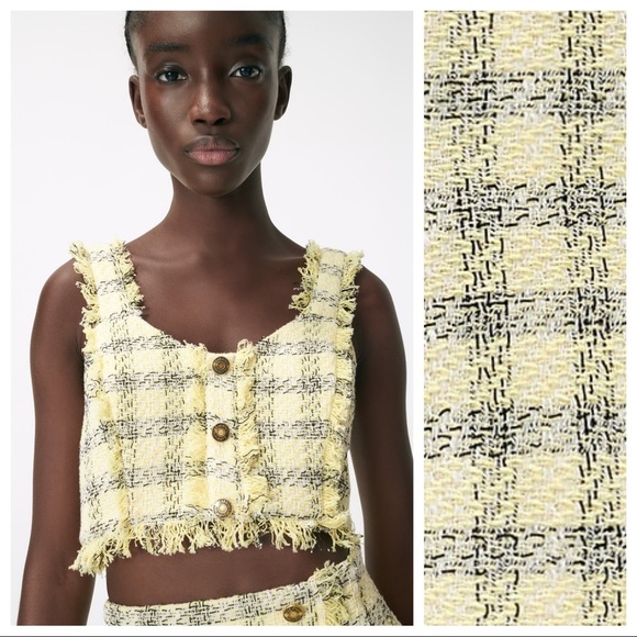 NWT. Zara Yellow Textured Frayed Crop Strappy Top with Buttons. Size L. - Picture 2 of 10